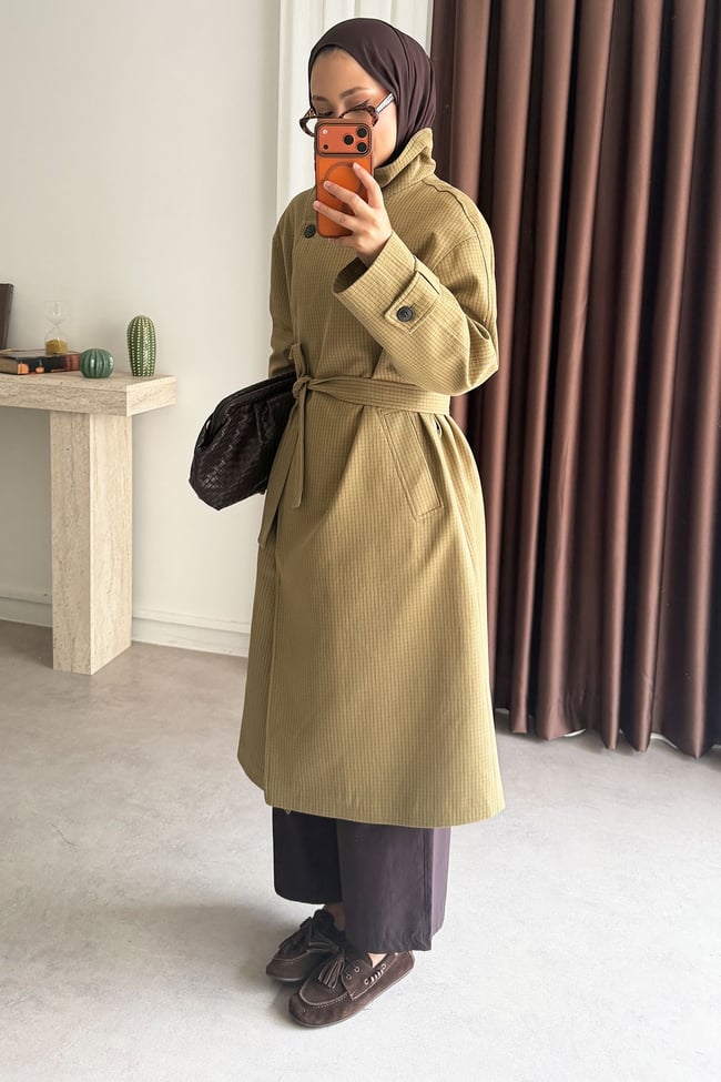 Oversize Kareli Trençkot - Haki