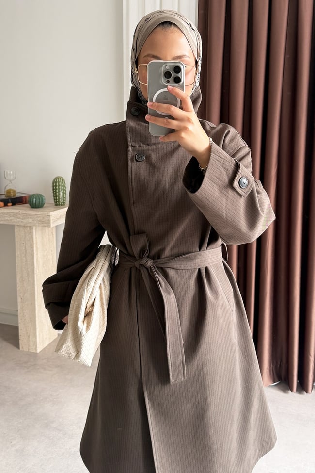 Oversize Kareli Trençkot - Kahverengi
