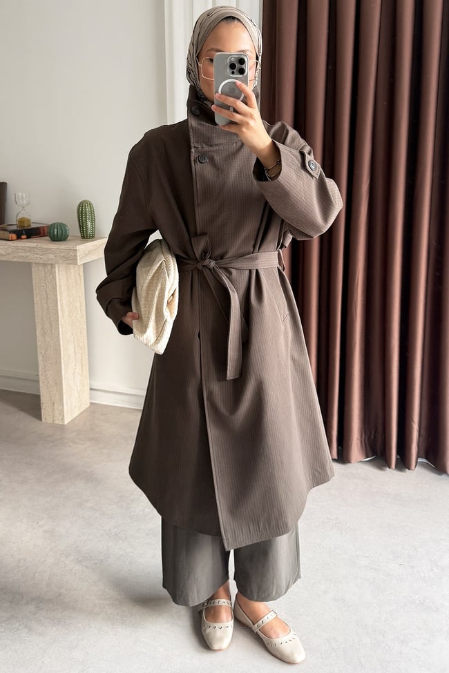 Oversize Kareli Trençkot - Kahverengi