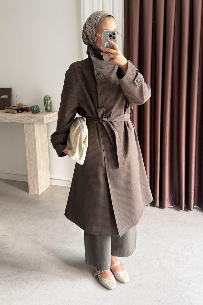 Oversize Kareli Trençkot - Kahverengi