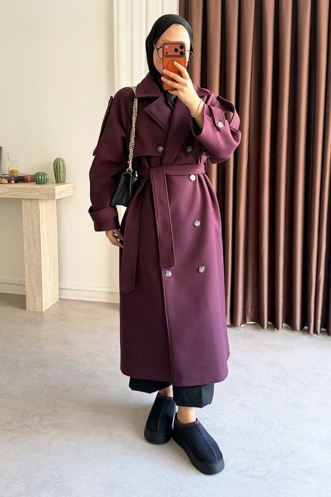 Oversize Kaşe Kaban - Bordo