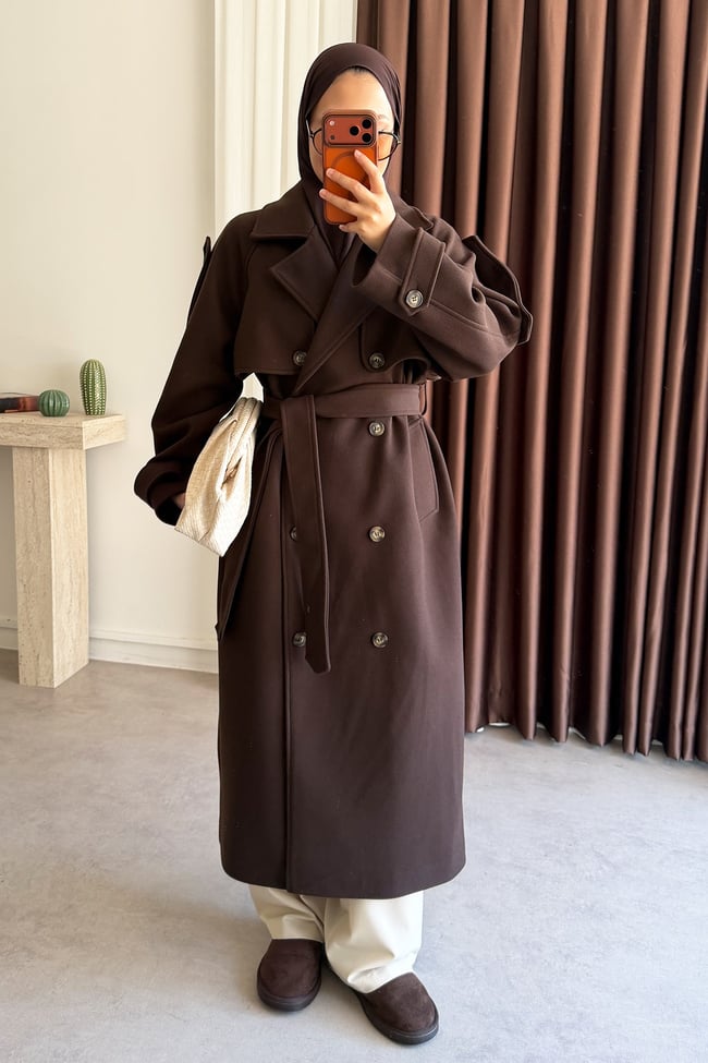 Oversize Kaşe Kaban - Kahverengi