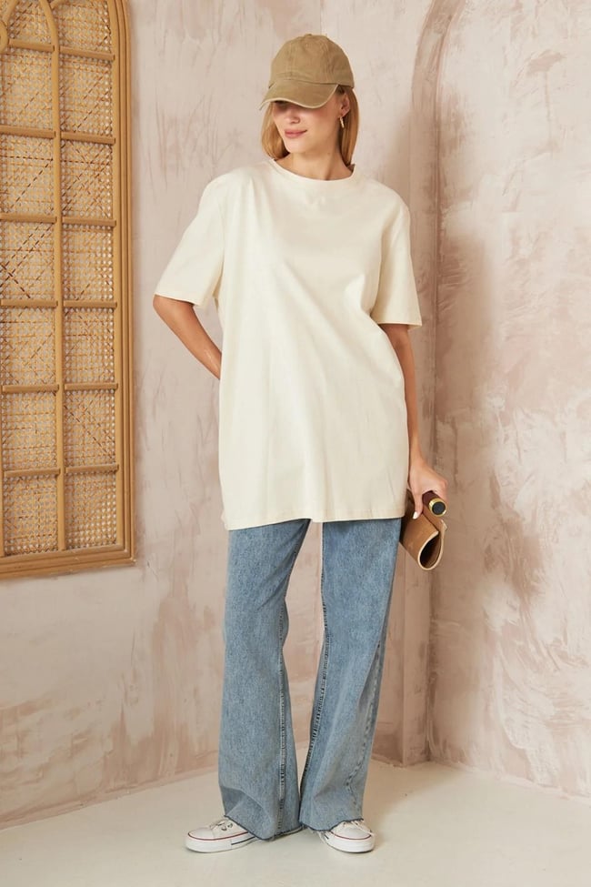 Oversize Kısa Kol T-shirt 4-6634 - EKRU
