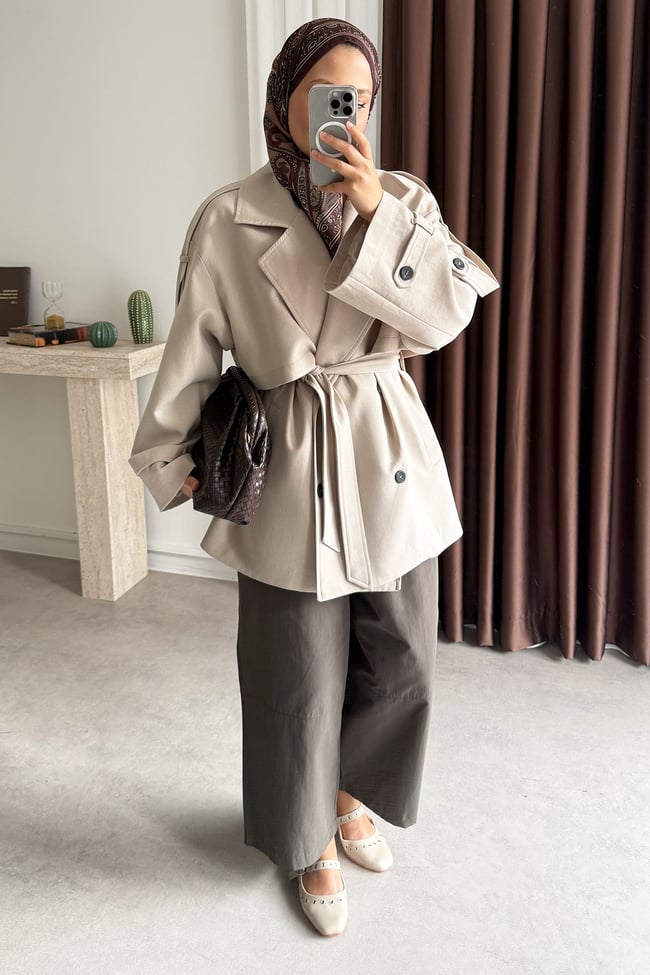 Oversize Pelerinli Trençkot - Bej