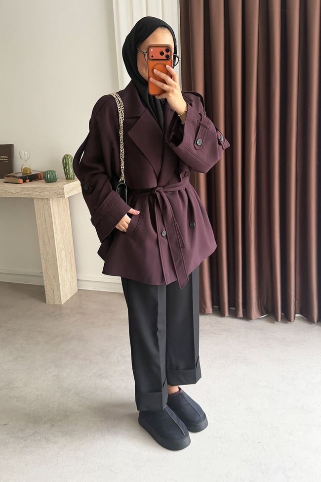 Oversize Pelerinli Trençkot - Bordo