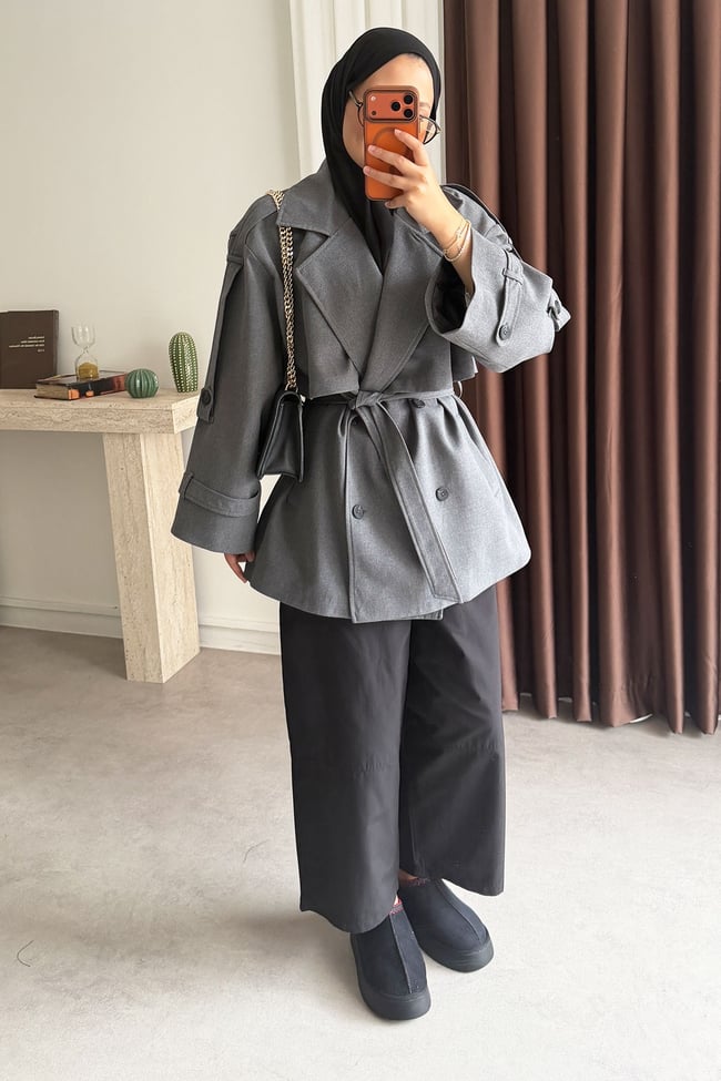Oversize Pelerinli Trençkot - Grı