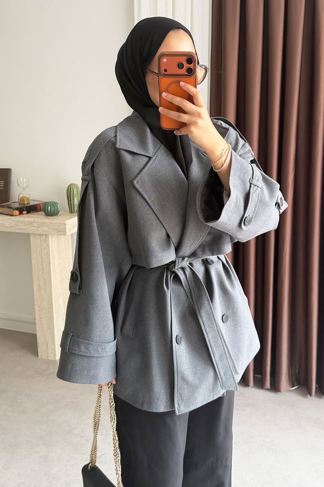 Oversize Pelerinli Trençkot - Grı