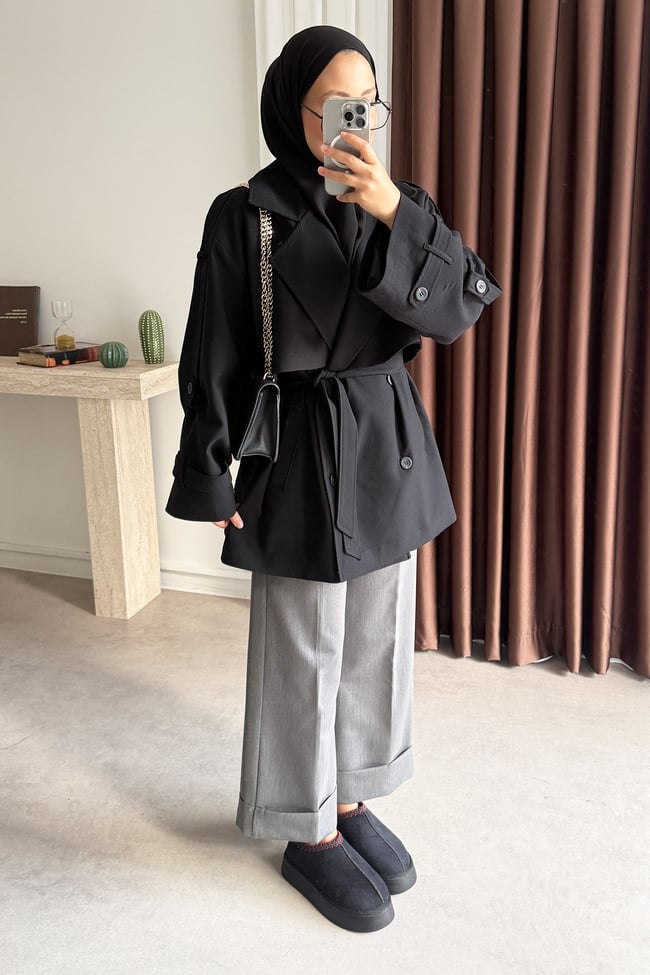 Oversize Pelerinli Trençkot - Siyah