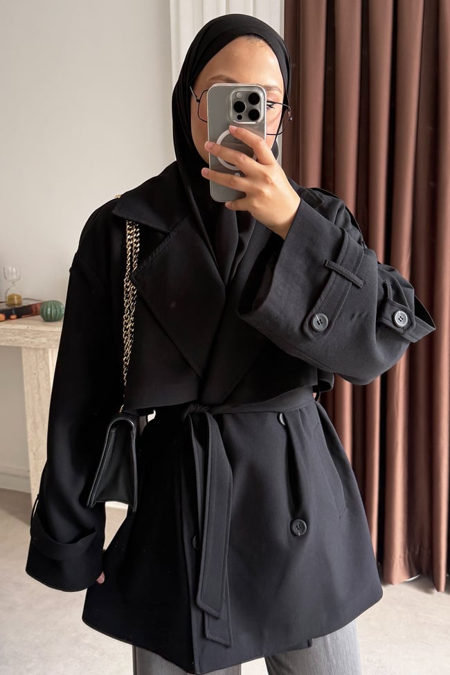 Oversize Pelerinli Trençkot - Siyah