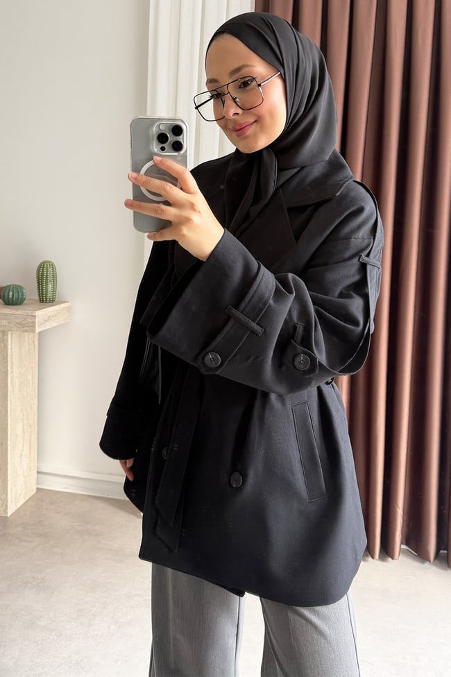 Oversize Pelerinli Trençkot - Siyah