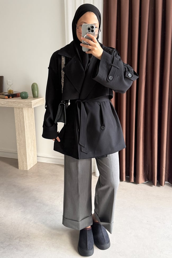 Oversize Pelerinli Trençkot - Siyah