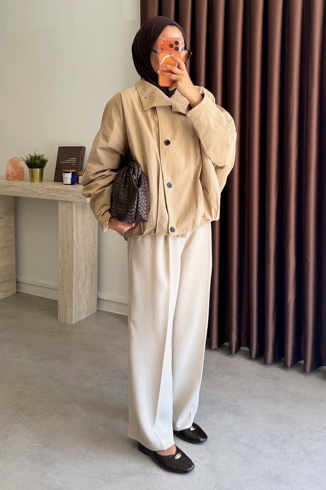 Oversize Pileli Trençkot - Bej