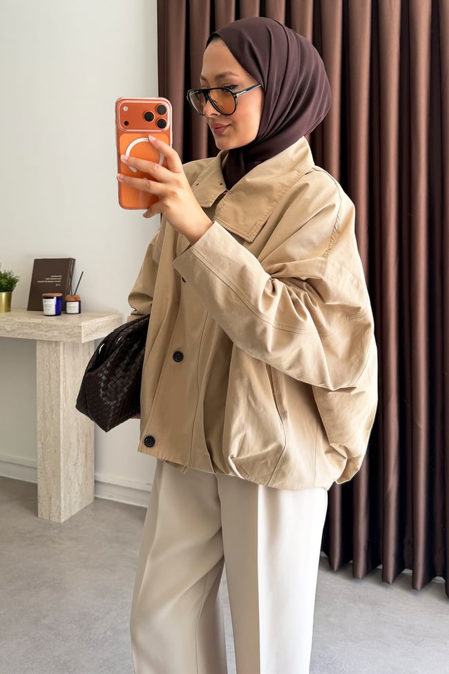 Oversize Pileli Trençkot - Bej
