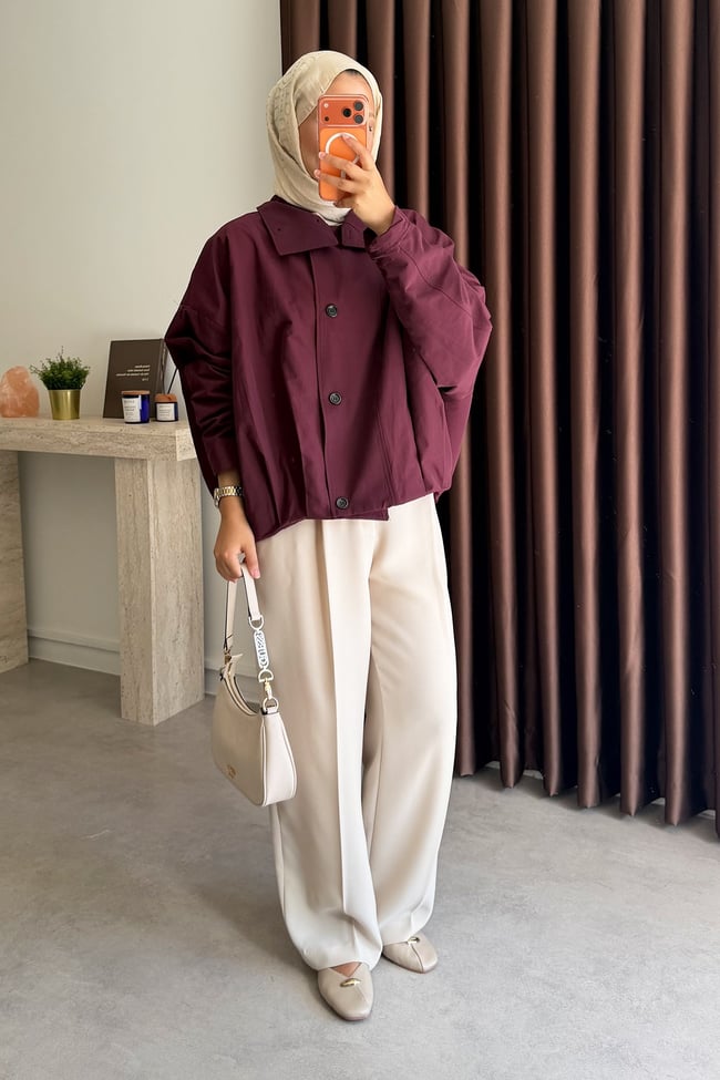 Oversize Pileli Trençkot - Bordo