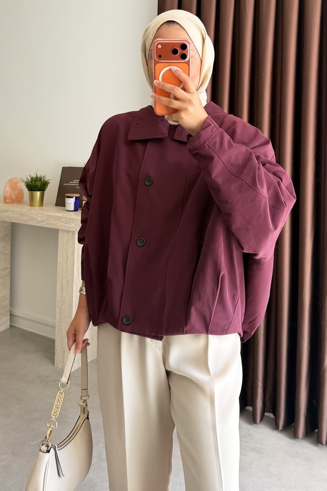 Oversize Pileli Trençkot - Bordo