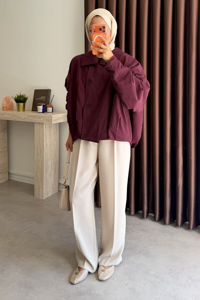 Oversize Pileli Trençkot - Bordo