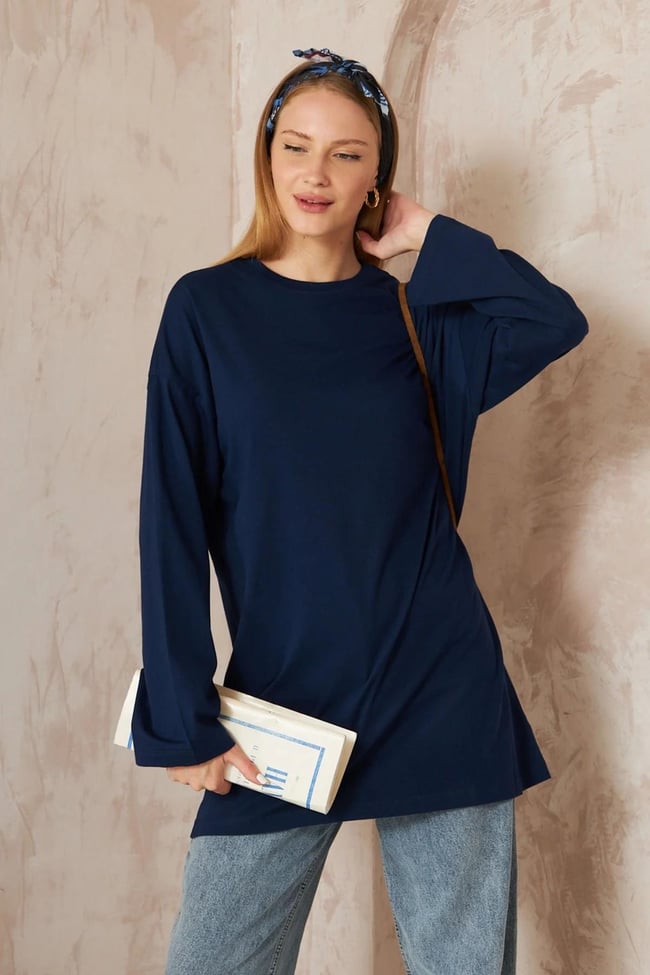 Oversize Uzun Kol T-shırt 4-6632 - LACİVERT