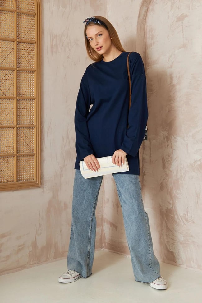 Oversize Uzun Kol T-shırt 4-6632 - LACİVERT