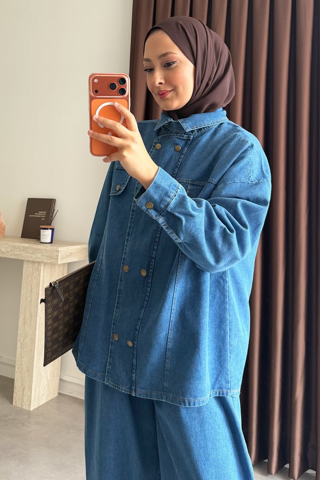 Patlı Denim Takım - Açık Kot