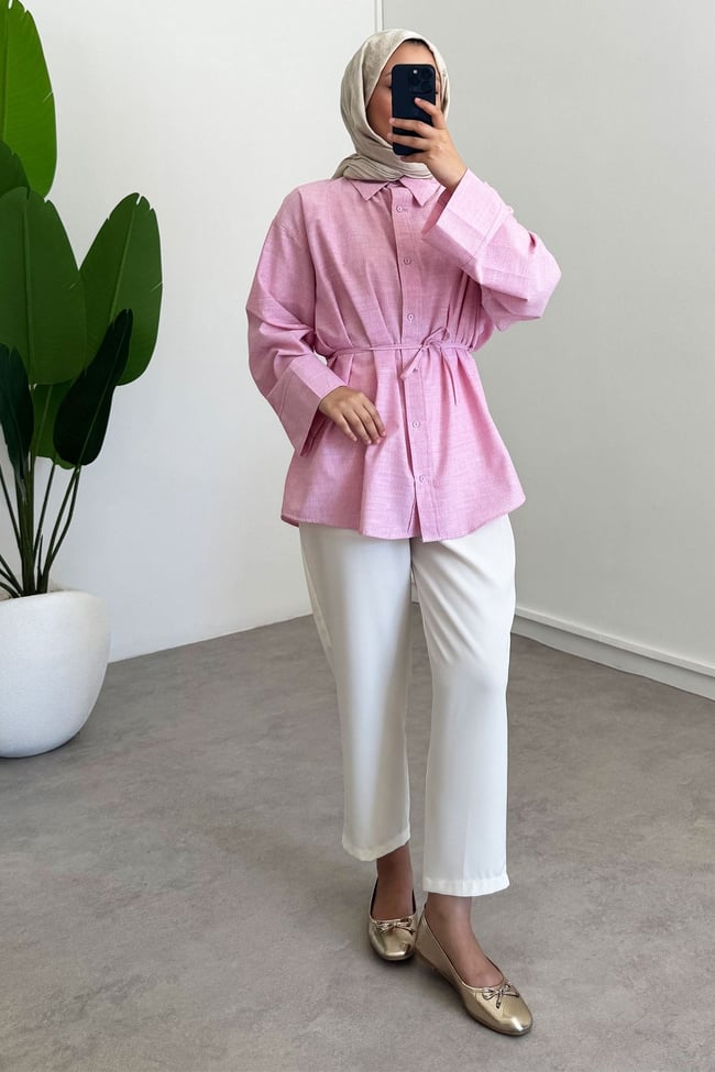 Patlı Keten Gömlek - Pembe