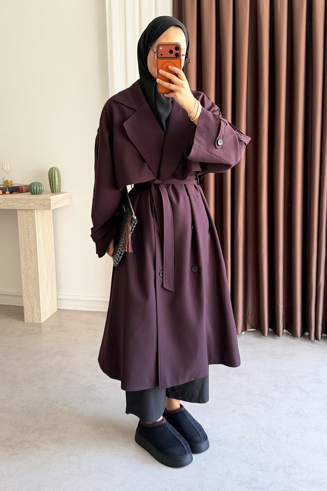 Pelerinli Oversize Trençkot - Bordo
