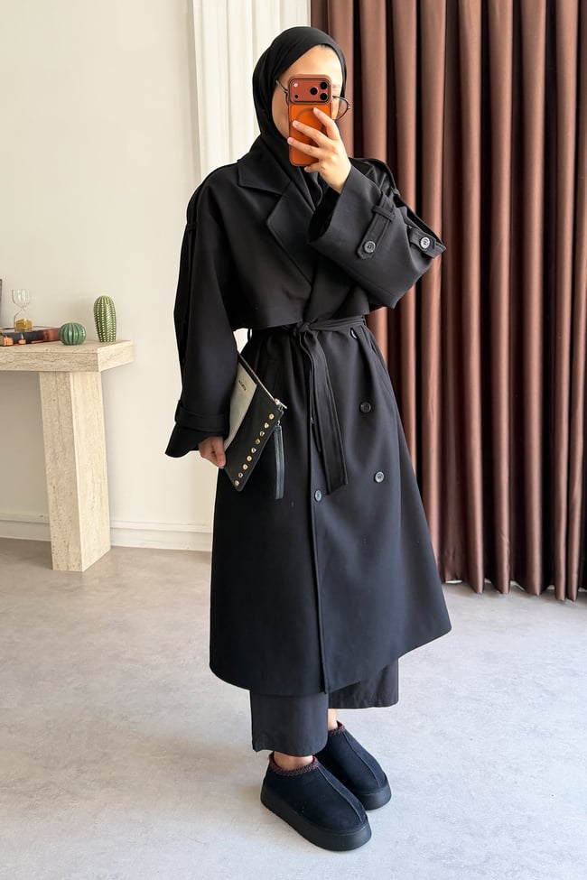Pelerinli Oversize Trençkot - Siyah