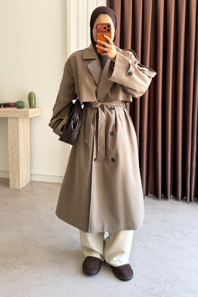 Pelerinli Oversize Trençkot - Vizon
