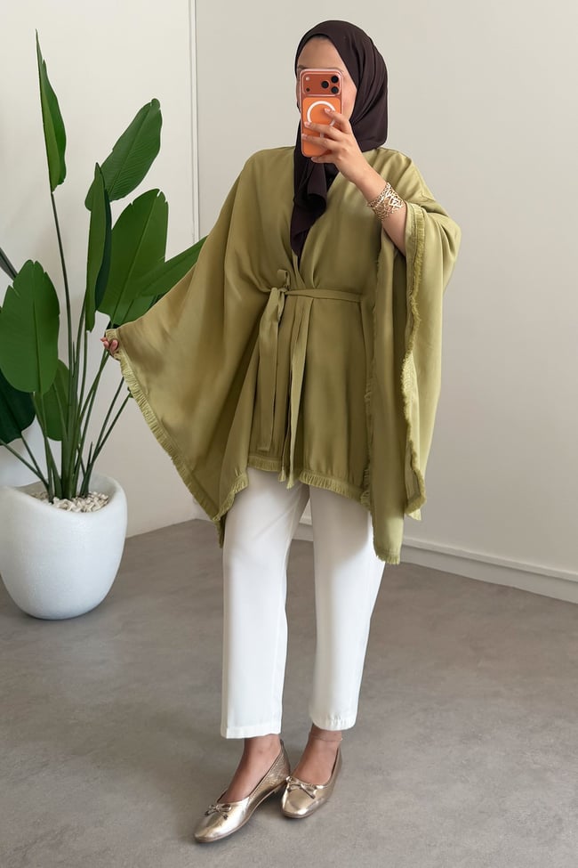 Püskül Detay Kimono - Olive