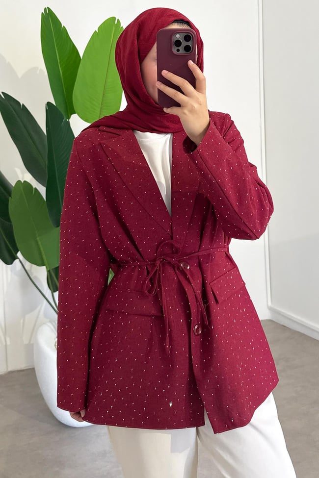 Taş Baskılı Ceket - Bordo