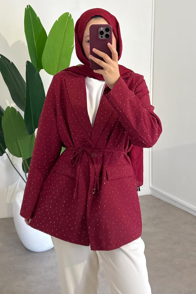Taş Baskılı Ceket - Bordo