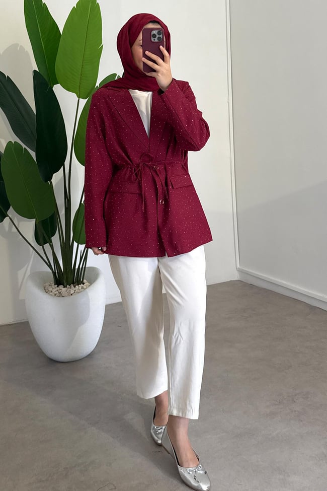 Taş Baskılı Ceket - Bordo