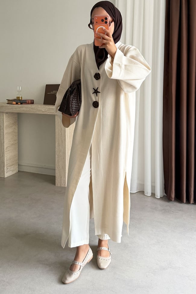 Triko Kimono Elbise - Ekru