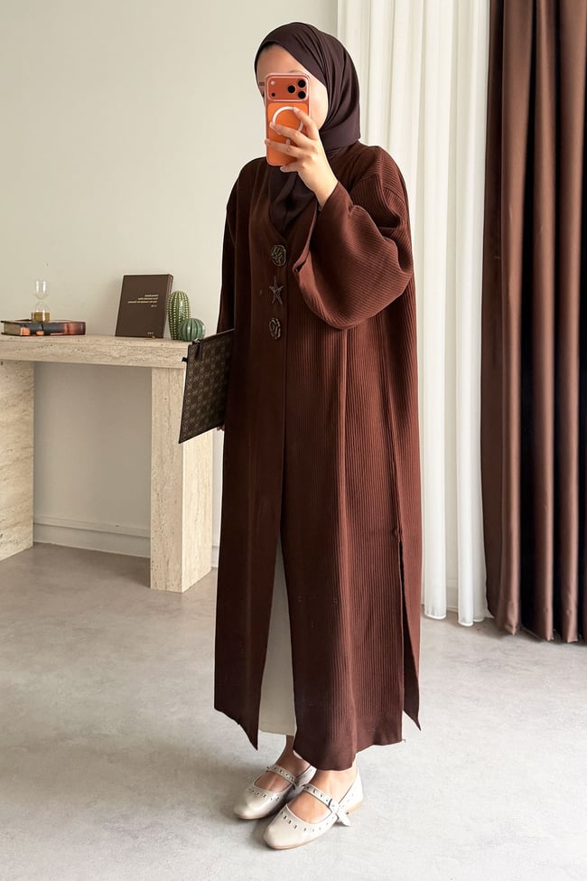 Triko Kimono Elbise - Kahverengi
