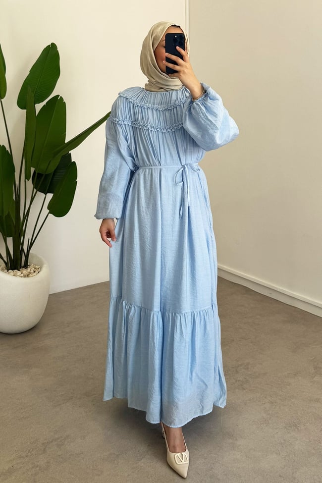 Tül Modal Elbise - Mavi