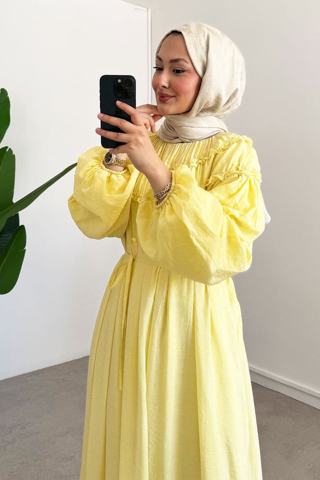 Tül Modal Elbise - Sarı