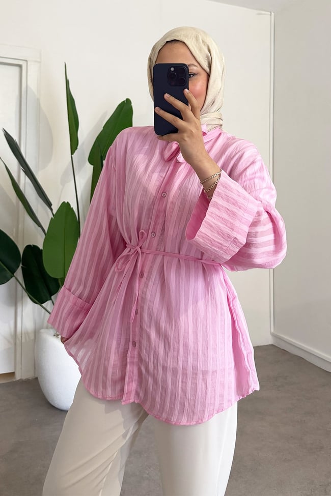 Yaka Baglama Gömlek - Pembe