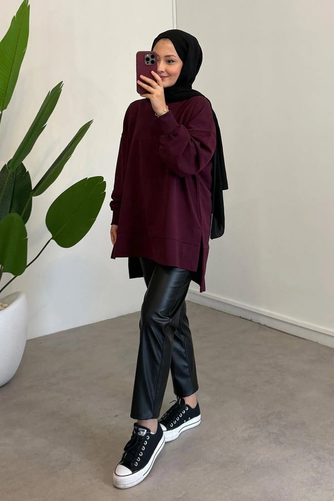 Yırtmaçlı Basıc Sweatshirt - Bordo