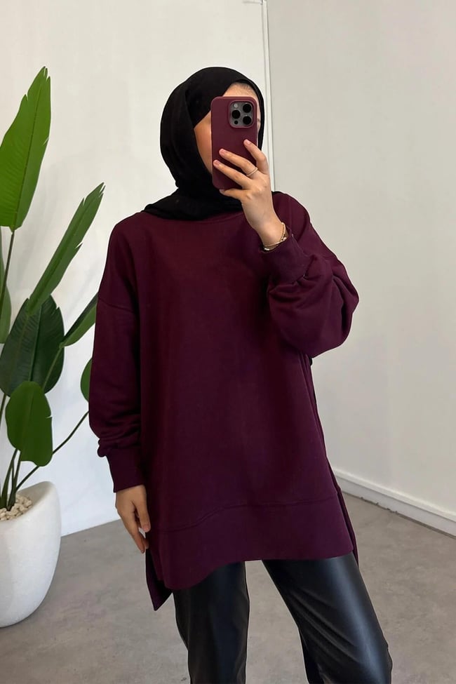 Yırtmaçlı Basıc Sweatshirt - Bordo
