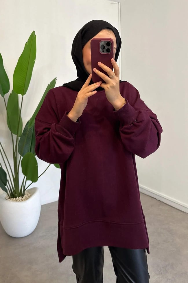 Yırtmaçlı Basıc Sweatshirt - Bordo