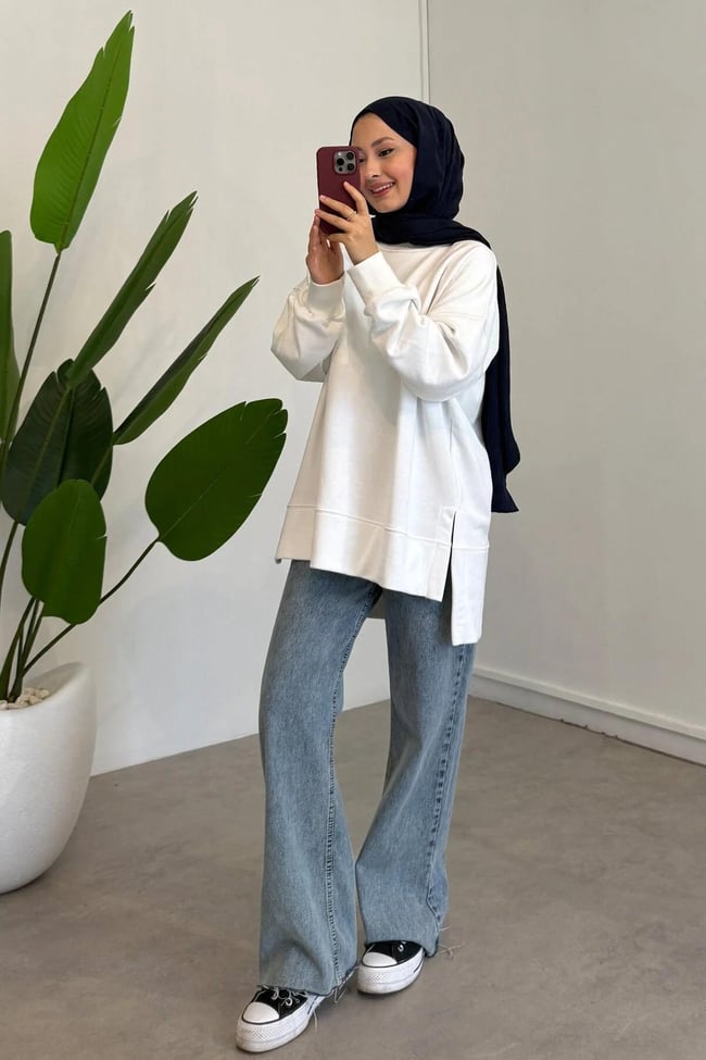 Yırtmaçlı Basıc Sweatshirt - Ekru