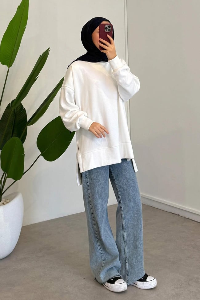 Yırtmaçlı Basıc Sweatshirt - Ekru