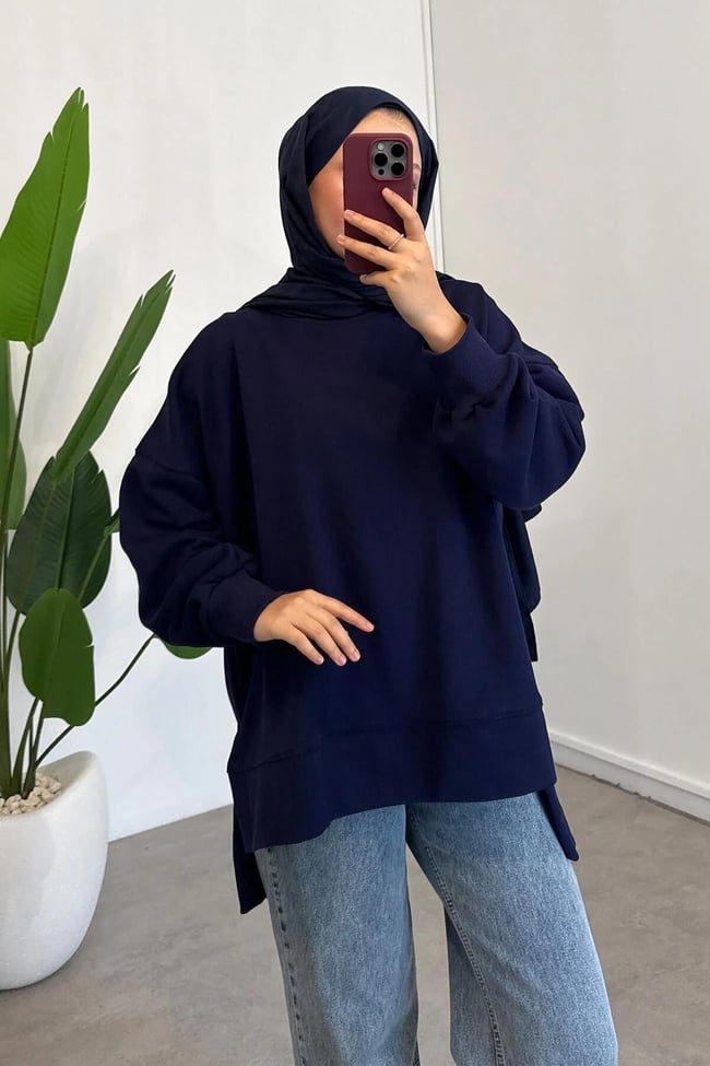 Yırtmaçlı Basıc Sweatshirt - Lacivert