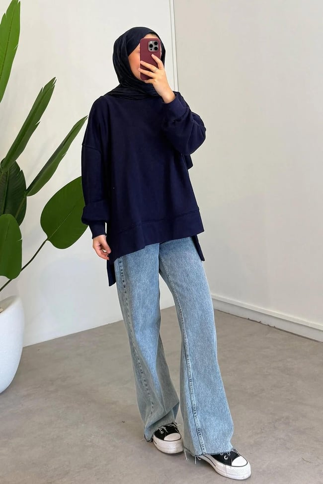 Yırtmaçlı Basıc Sweatshirt - Lacivert