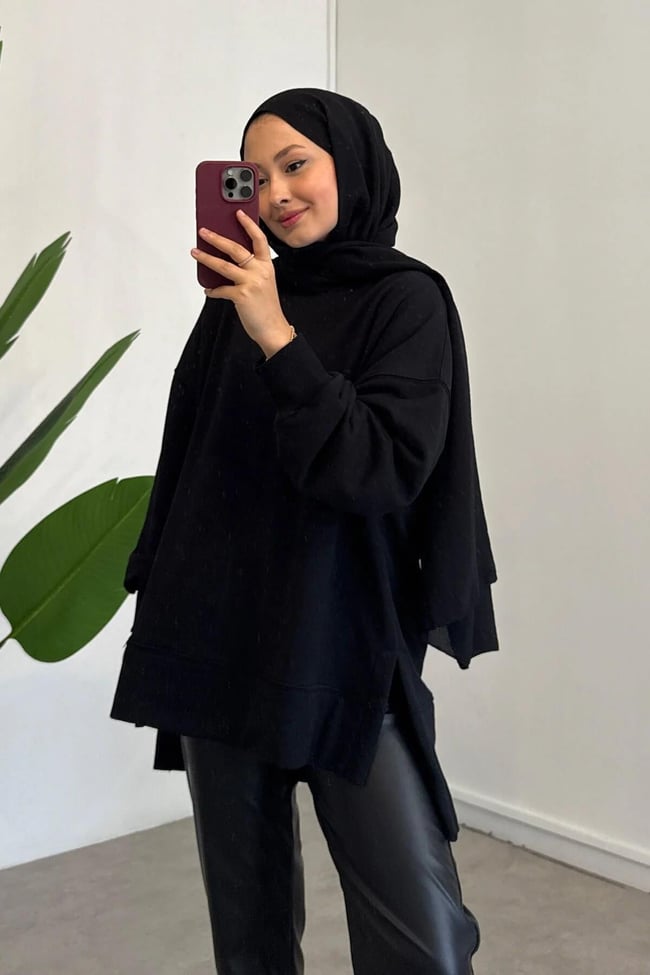 Yırtmaçlı Basıc Sweatshirt - Siyah