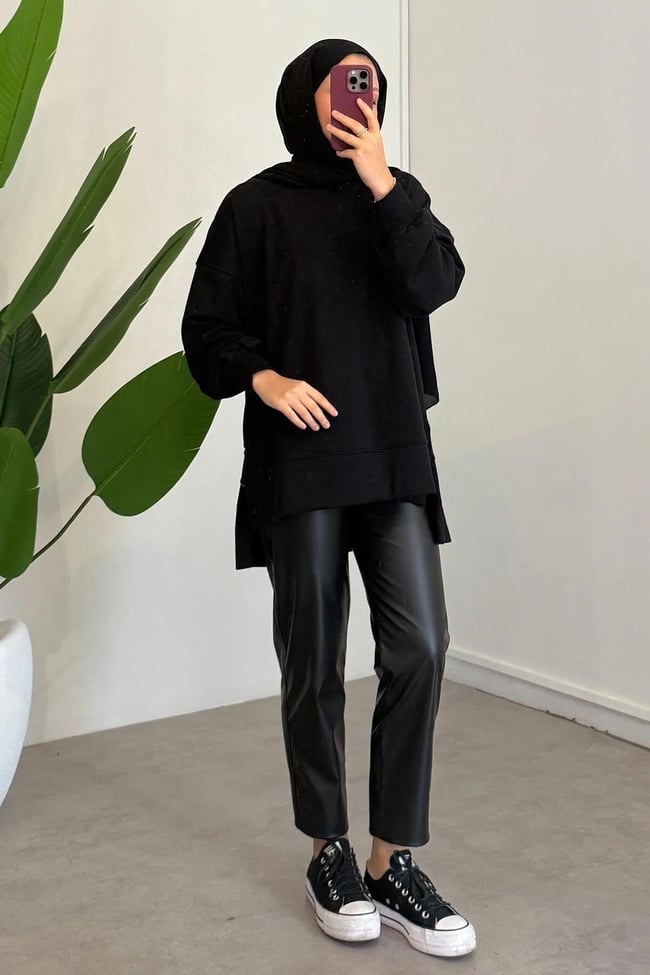 Yırtmaçlı Basıc Sweatshirt - Siyah