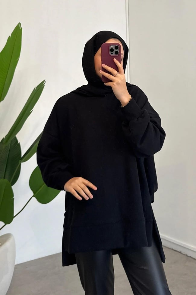 Yırtmaçlı Basıc Sweatshirt - Siyah