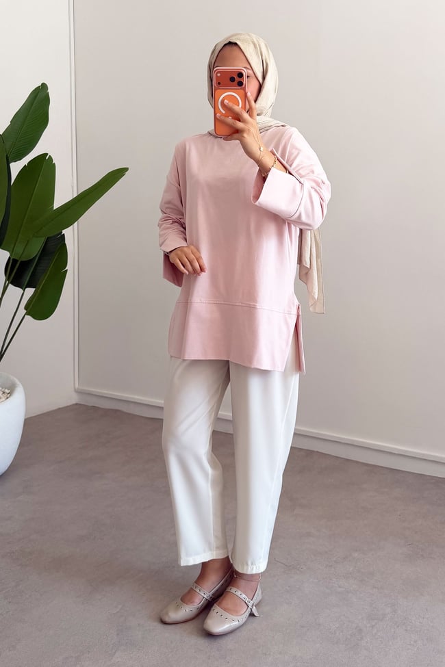 Yırtmaçlı Basıc Tunik - Pembe