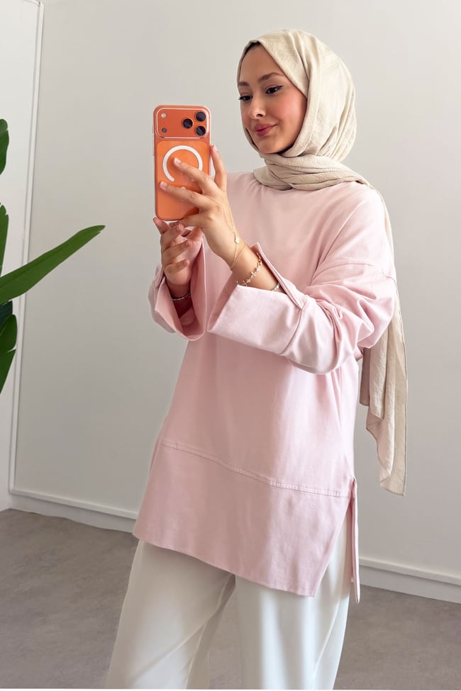Yırtmaçlı Basıc Tunik - Pembe