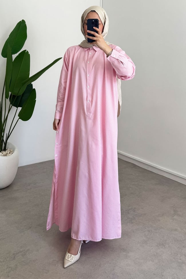 Yırtmaçlı Çizgili Gömlek Elbise - Pembe