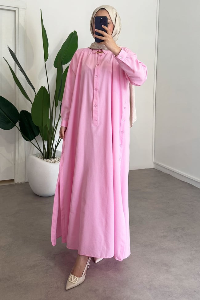 Yırtmaçlı Gömlek Elbise - Pembe